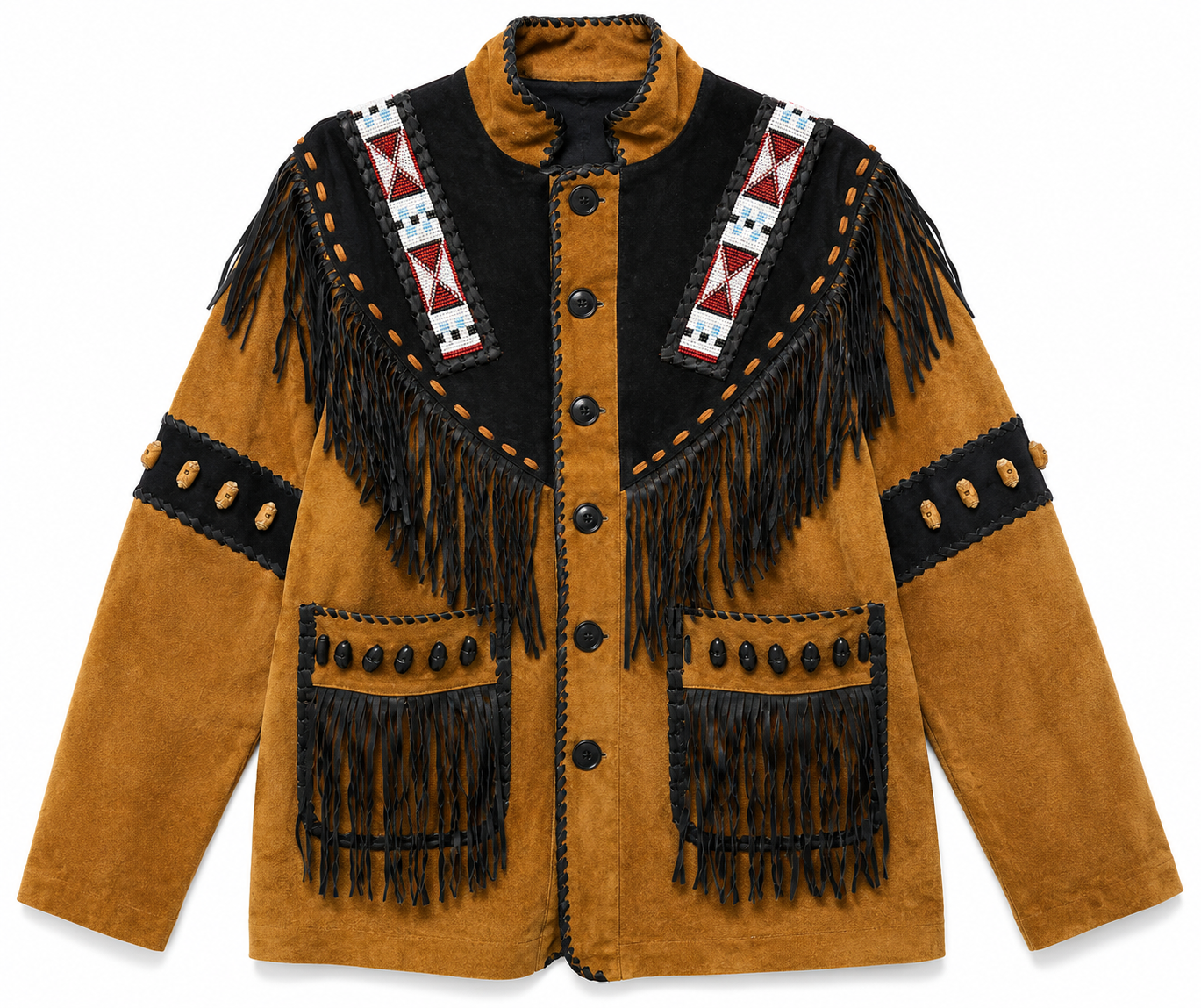 Beaded Fringe Suede Jacket — Tan & Black