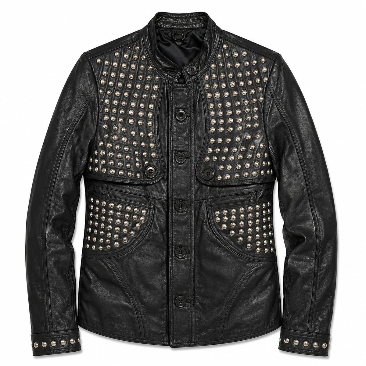Dome-Studded Band-Collar Leather Jacket — Black