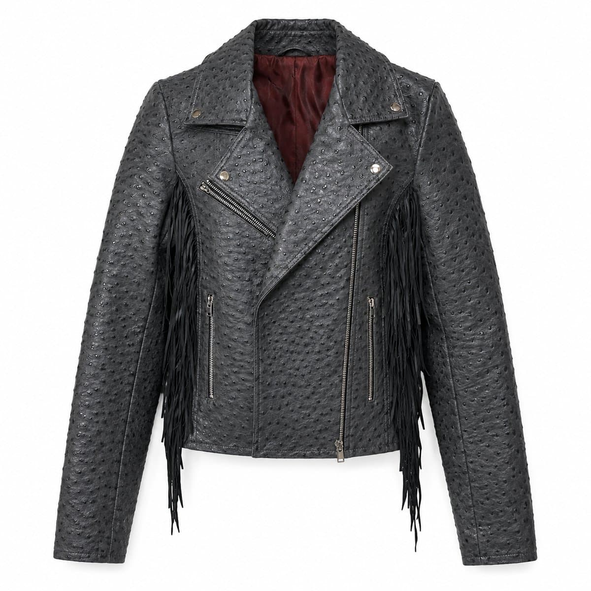Ostrich-Embossed Fringe Moto Jacket — Charcoal