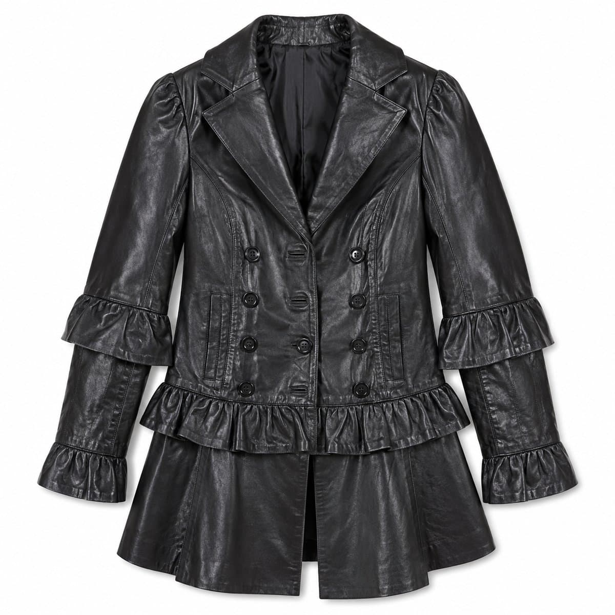 Ruffled Leather Peplum Jacket — Black