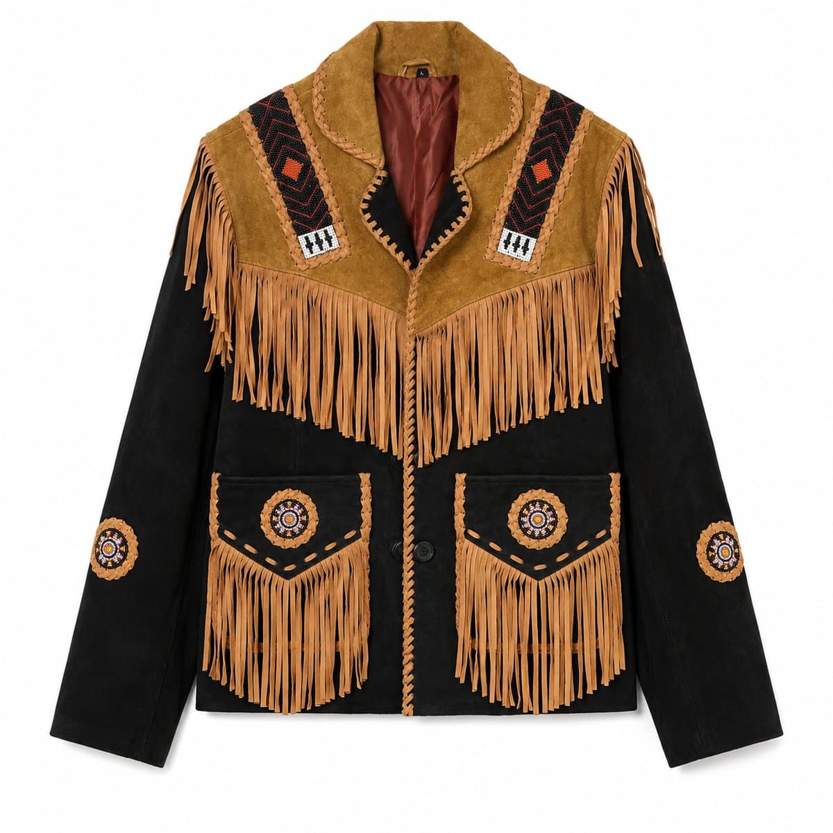 Two-Tone Suede Western Fringe Jacket — Tan & Black