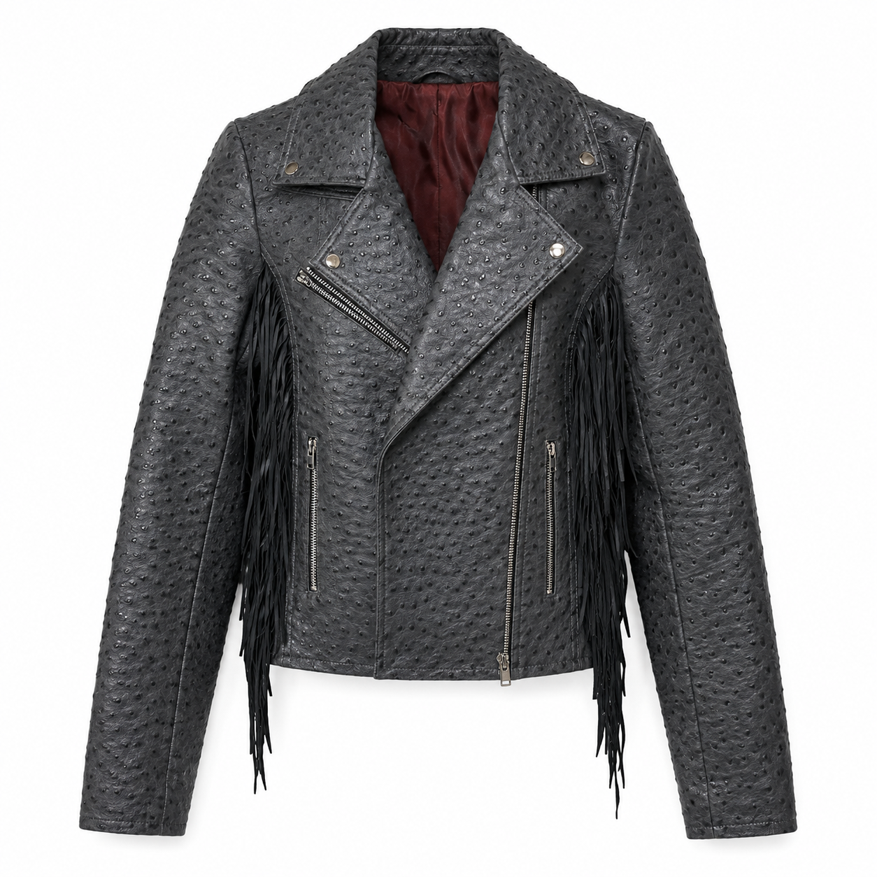 Ostrich-Embossed Fringe Moto Jacket