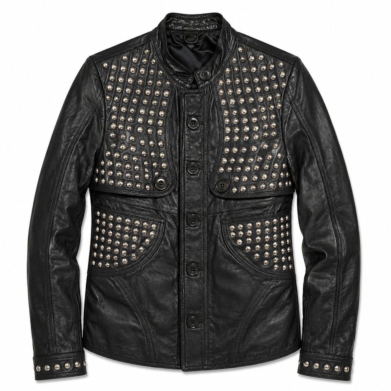 Dome-Studded Band-Collar Jacket