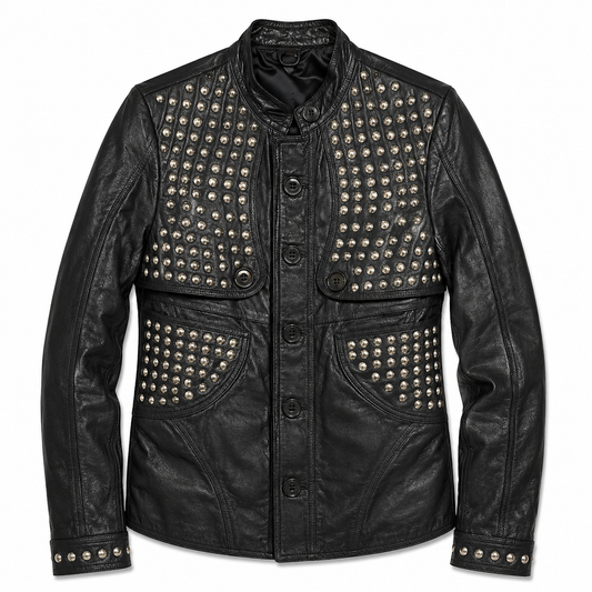 Dome-Studded Band-Collar Jacket